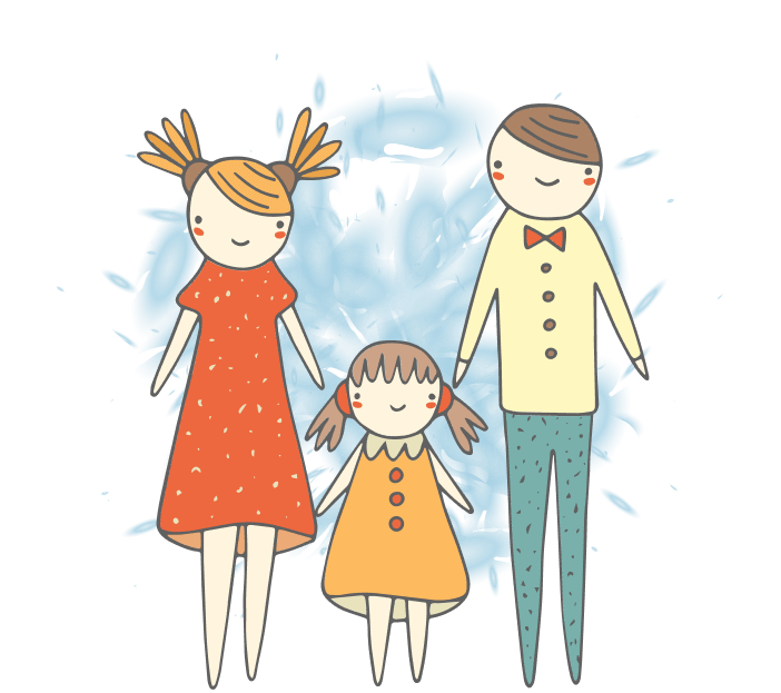 Ilustração de uma familia, pai, mãe e filha de mãos dadas