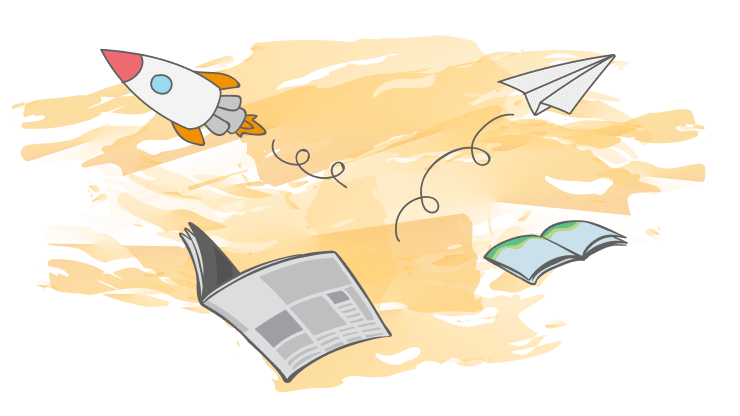 Ilustração de um foguete de brinquedo, jornal, avião de papel e um livro